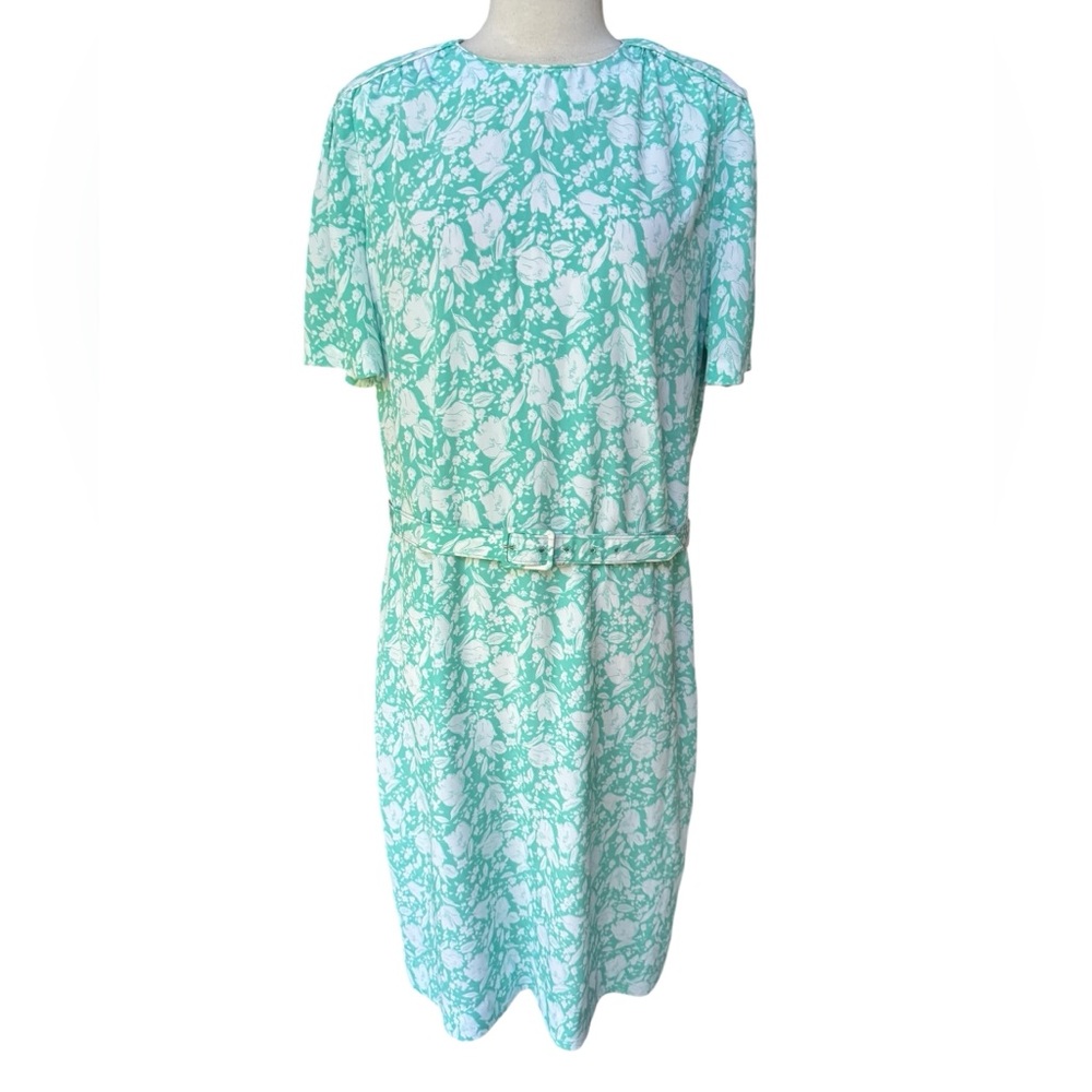 1970s/80s Diane Roberts Teal Floral Poly Shift Dress w/Matching Belt & Hip Pocke